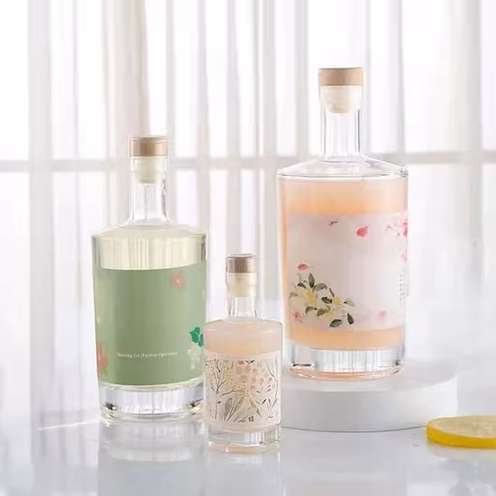  100ml, 375ml, 500ml, 750ml 리큐어 보드카 진 위스키 유리병.  코르크가 달린 무거운 유리병