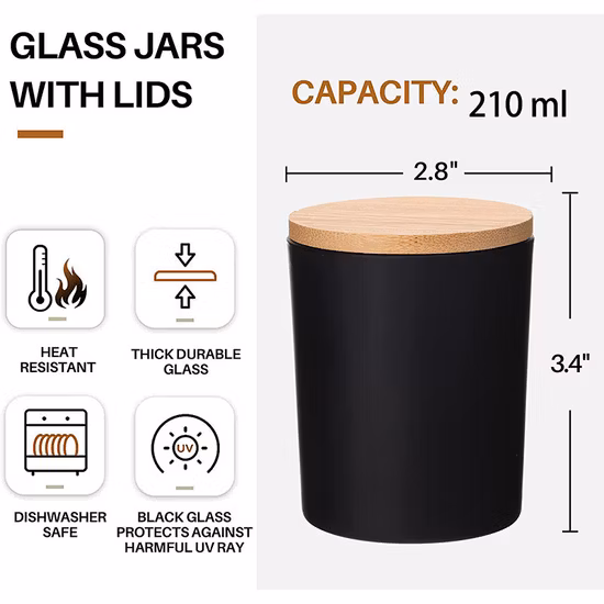 밀폐된 대나무 뚜껑이 있는 7온스 유리 양초 항아리, 무광 검정색, 빈 양초 항아리, 향기로운 양초를 만들기 위한 용기