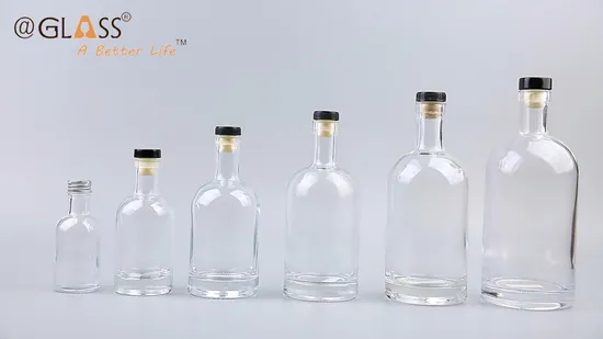 도매 100ml/200ml/375ml/500ml/700ml/750ml/1L 유리 주류 병, 나무 코르크와 북유럽 라운드 빈 유리 병